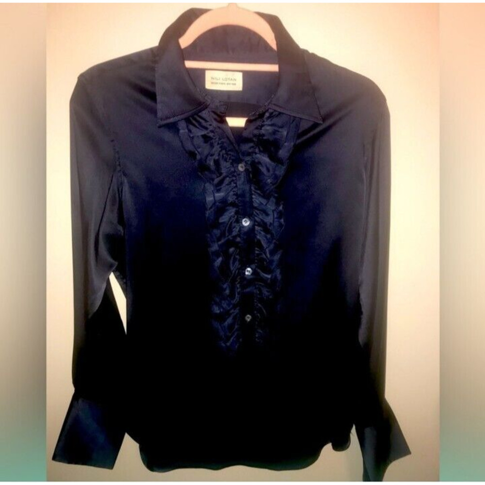 Nili Lotan M Medium Navy Silk Ruffle Blouse Shirt